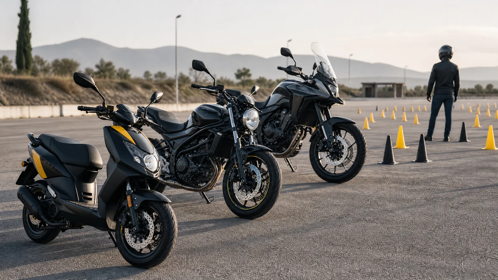 Ilustración editorial de Automifya: Permisos A1, A2 y A para motos: qué permite cada uno y cómo elegir tu primera moto