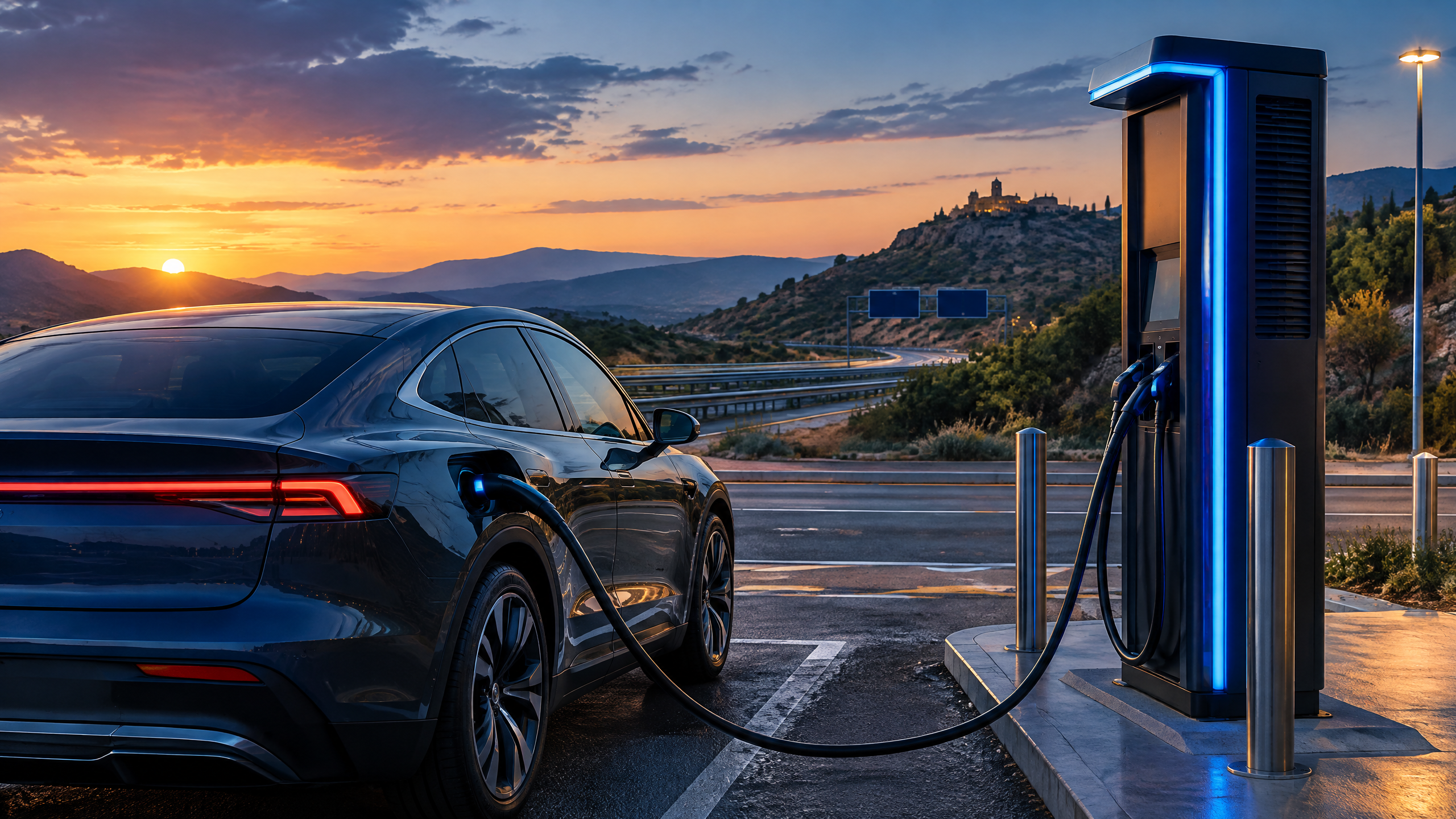Coche eléctrico conectado a un cargador rápido en una carretera española al atardecer